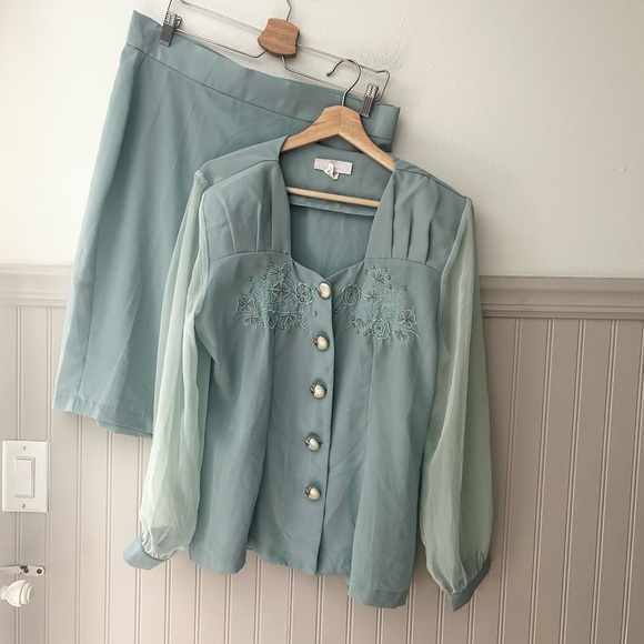 Vintage Dresses & Skirts - Vintage Caryel Light Blue Seafoam Blouse and Matching Skirt Set